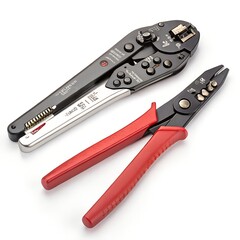 Crimper and wire stripper tools for electrical work isolated on white background