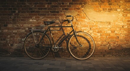 Vintage bicycle resting against an old brick wall with warm sunset lighting provides nostalgic