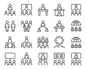 Business meeting icon showing people discussing around a table with communication symbols isolated on transparent background