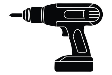 Black Silhouette of a Cordless Drill with Pointed Drill Bit Attachment on White Background