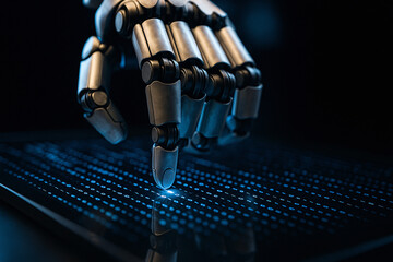 Robotic Hand Interacting with Binary Code: Futuristic Technology, Dark Blue Tone, Close-Up