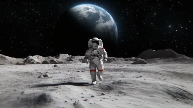 Astronaut spaziert auf der Mondoberfl&auml;che mit Erde im Hintergrund