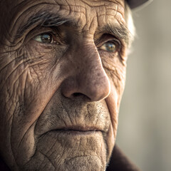 Close-up of a contemplative senior man with a deeply wrinkled face, looking away