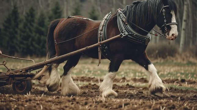 Worker guides Clydesdale horse pulling plow through lush field at dusk in rural landscape