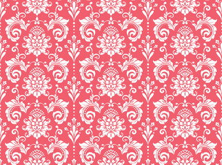 Floral pattern. Seamless vector background. Vintage wallpaper in the Baroque style. White and pink ornament for fabric, wallpaper, packaging. Ornate Damask flower illustration
