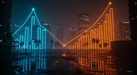 Neon illuminated financial graph cityscape depicting market trends and economic analysis for urban investment and business strategy in vibrant colors