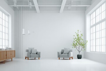 Fototapeta premium Bright, minimalist interior with light wood furniture and a small plant