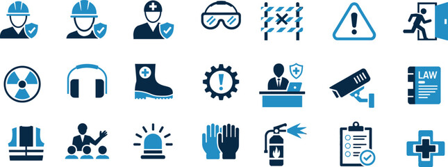 A detailed collection of safety icons representing workplace protection, emergency procedures, and regulatory compliance.