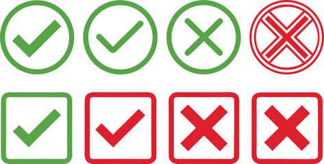 Right and Wrong Choice Symbols Green Check Marks and Red Crosses Representing Correct and Incorrect Options Confirmation and Rejection Indicators for User Interface and Web Design
