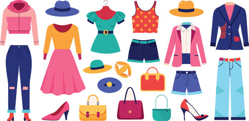 Assorted Flat Design Icons of Women's Apparel, Handbags, and Footwear fashion clothing
