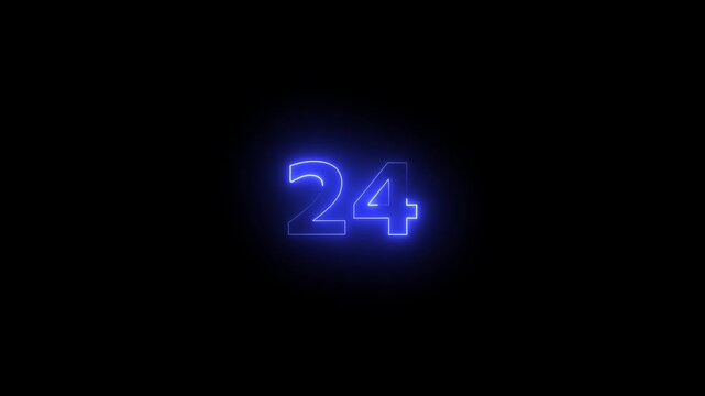 Glowing Neon Text Number 24 Animation     &ndash; Bright Neon Number Countdown Icon on Black Background for Timers, Intros, Digital Displays, and Motion Graphic Projects