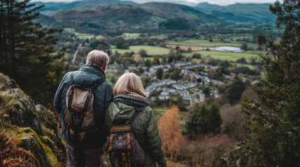 Couple with backpacks overlooking a valley town on a cloudy day trip