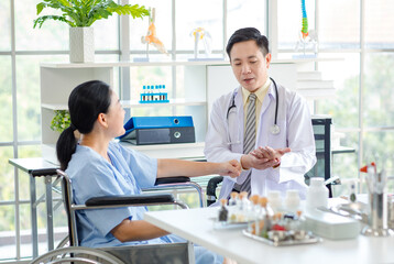 Asian male doctor in white coat with stethoscope, consulting explain medications to senior female patient professional support trust healthcare checkup, insurance treatment wellness in hospital clinic