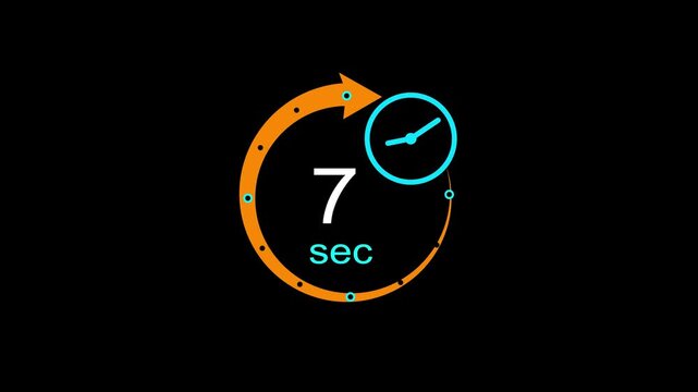 7 Second timer clock icon animation. arrow Clock 7-Second icon, Digital and analog clock 7 Second isolated black background.