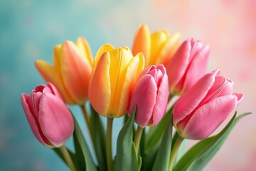 Fototapeta premium A Beautiful Bouquet of Pink and Yellow Tulips with Green Stems on a Softly Blurred Background