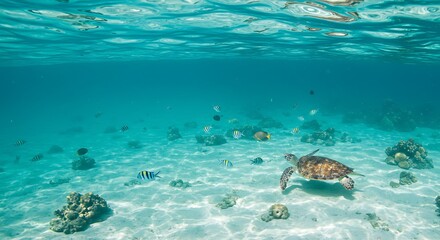 Obraz premium Underwater Paradise with Sea Turtle and Tropical Fish Swimming in Clear Turquoise Water a Breathtaking Ocean Scene