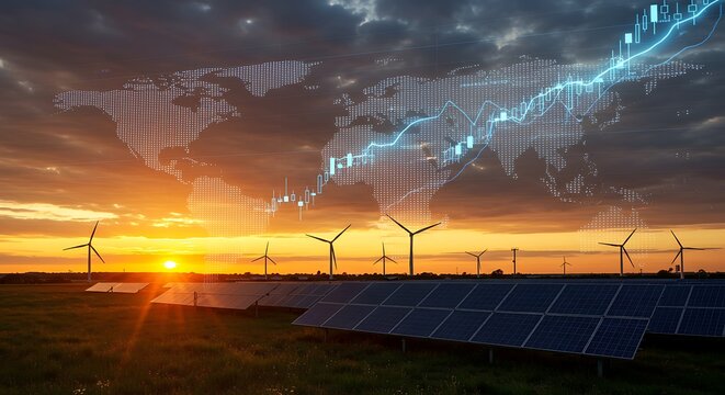 Sustainable Energy Investment Opportunities with Wind Turbines Solar Panels and Global Market Growth Shown at Sunset