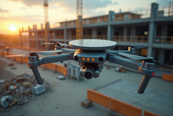 Drone at construction site. A drone with a camera and solar panel hovers over a building construction site during sunset.