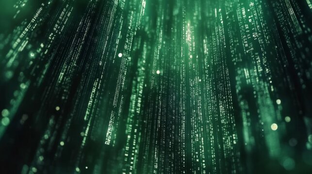 Abstract technology background with flowing binary code in bright green digits on a dark green matrix-inspired backdrop, symbolizing data processing, digital encryption, and cyber security concepts