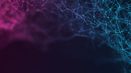 Abstract network of glowing blue and purple lines and nodes connecting in dark space, representing technology and digital connections