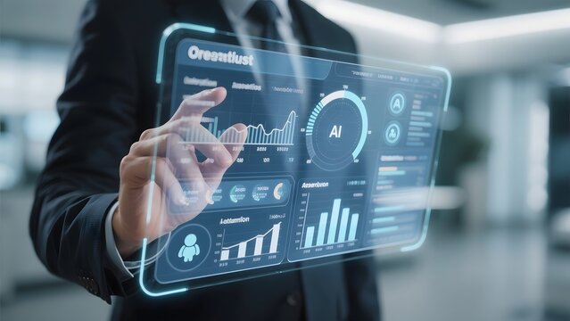 Businessman interacting with a futuristic holographic display showing data analytics and AI metrics.