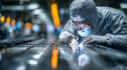 Technician in a cleanroom suit inspecting silicon wafers for military-grade chips, showcasing advanced American semiconductor manufacturing and quality control.