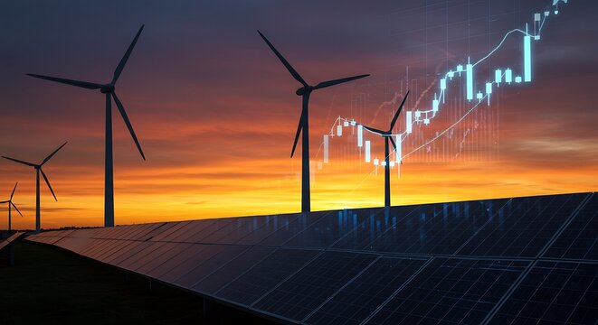 Wind Turbines and Solar Panels at Sunset with Financial Growth Chart Overlay Clean Energy Investment and Sustainable Development Concept