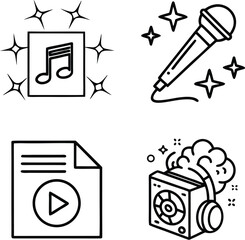 Set of Music Icons in Black and White Style Featuring Musical Note Microphone Play Button and Loudspeaker