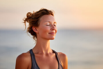 Naklejka premium young woman with joyful smile radiates inner peace and happiness after calming practice