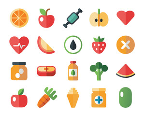 Comprehensive collection of healthy food and wellness symbols representing balanced eating and lifestyle choices isolated on transparent background