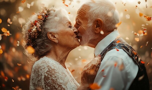 Happy senior couple getting married, elderly man and woman kissing under a  of confetti. Renewing wedding vows and celebrating love in later years, Generative AI