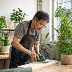 Man sanding wood. An Asian craftsman carefully sands a wooden plank in his bright workshop surrounded by plants.