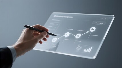 Hand interacting with a futuristic digital tablet displaying AI and data flow diagrams.