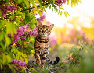 A Bengal cat mid-step through a flower-filled garden, dynamic pose captured in expres