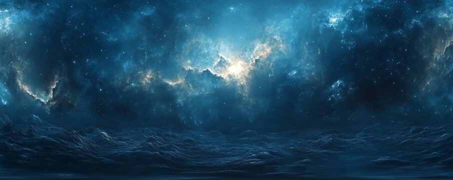 360-degree equirectangular projection space background with nebula and stars, creating a spherical HDRI environment map for virtual reality or space exploration themes, Generative AI