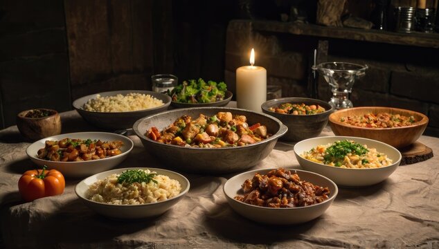 Caveman meals on a dinner table