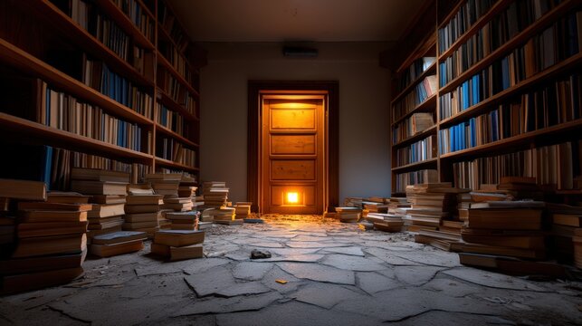 A sinister ghost in an old library, scattered books, dim candlelight, central copy space