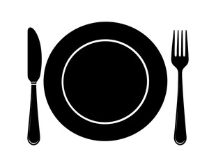 Black plate cutlery silhouette icon, minimal and modern dining symbol for restaurants, menus, or culinary branding and food-related design projects.
