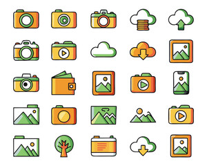 Simple thin line photo upload icon design element for digital interfaces and branding applications isolated on transparent background