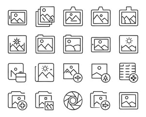 Simple thin line photo upload icon set for digital platforms and applications isolated on transparent background