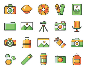 A collection of outline icons representing photographic equipment and visual capture elements isolated on transparent background