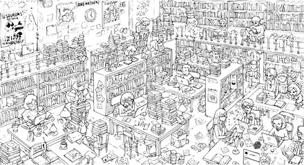 Fototapeta premium Busy Library Scene: Students Studying Amidst Books Clutter