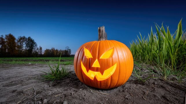 A creepy ghost in a moonlit pumpkin field, eerie orange glow, central text space