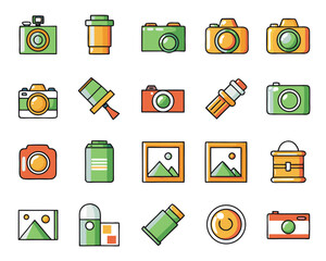 Collection of outline icons representing photography equipment and visual media elements isolated on transparent background