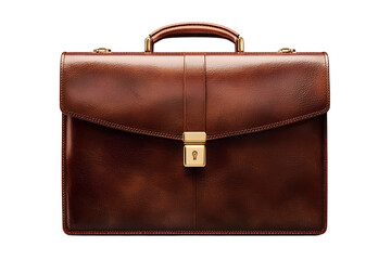Front View of Classic Brown Leather Briefcase with Glossy Gold Lock, Transparent PNG