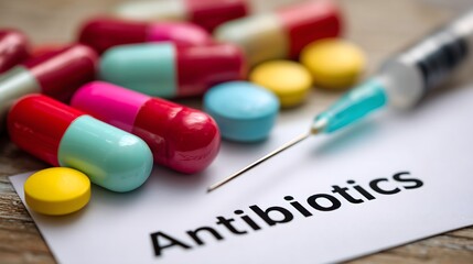 Obraz premium Close-up of colorful antibiotic pills and syringe on a table with label, representing modern medicine, pharmaceutical treatment, infection control, and healthcare solutions