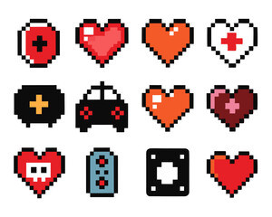 Retro pixel art game health bar with a classic heart icon for user interface design and gaming elements isolated on transparent background