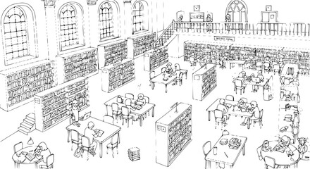 Library Interior Scene: Students Studying Among Bookshelves