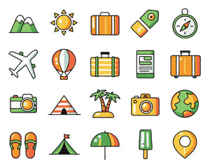 Pixelated travel icons featuring colorful symbols for journeys and adventures isolated on transparent background