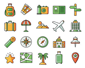 A vibrant pixel art collection featuring diverse travel symbols and colorful elements isolated on transparent background